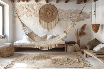 Relaxed ambiance with a hammock chair, woven wall art, and a jute area rug.