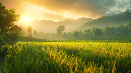 The Farmer planting on the organic paddy rice farmland. Farmers grow rice in the rainy season. They were soaked with water and mud to be prepared for planting. Rice is ripe on terraced fields. Sunrise - obrazy, fototapety, plakaty
