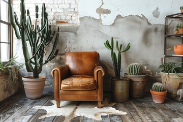 Rustic charm meets boho vibes with a distressed leather armchair, cowhide rug, and cactus garden.