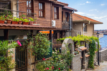 Wooden building in Old Town of Sozopol ancient city on Black Sea coast, Bulgaria - obrazy, fototapety, plakaty