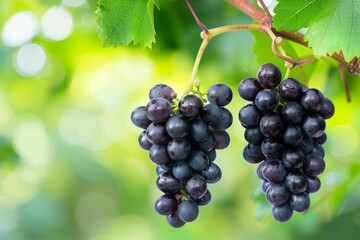 Bunch of black grapes on a grape bush with green leaves, generative AI