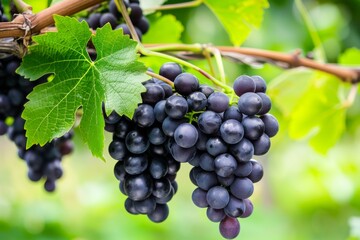 Naklejka premium Bunch of black grapes on a grape bush with green leaves, generative AI