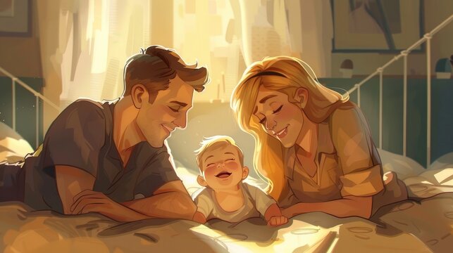 Happy smiling parents and a cute blonde baby lying in bed