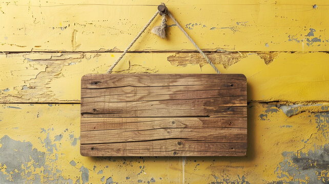 Blank wooden sign hanging on an old yellow wooden door.