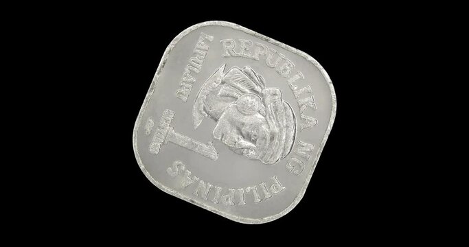 Reverse of Philippines coin 1 sentimo 1982, isolated in black background. Seamless animation in 4k resolution video.