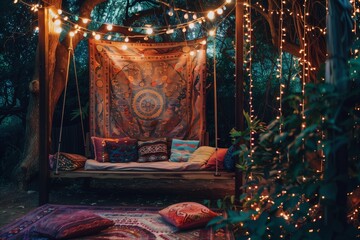 Whimsical decor accents such as a hanging swing, fairy lights, and colorful tapestries.