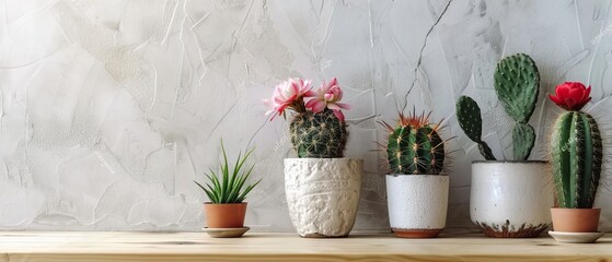 The flowers of the cactus grow in pots in a home. Indoor decoration with houseplants. Cacti in ceramic pots on a table, over white walls.