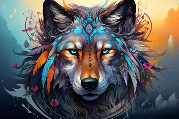 Poster a colorful wolf with feathers on its head © Roman