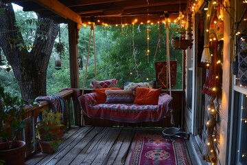 Whimsical decor accents such as a hanging swing, fairy lights, and colorful tapestries.