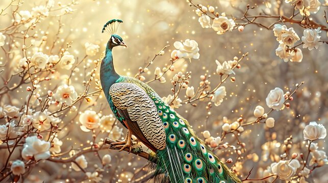 Artistic background. Vintage illustration, flowers, plants, branches, peacocks, golden brushstrokes. Artistic background. Painting. Modern Art. Wallpapers, posters, cards, murals, prints.