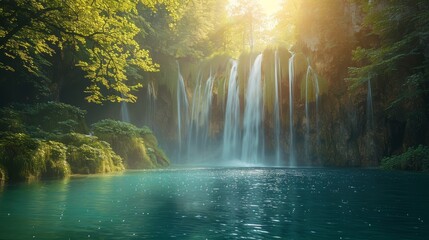 In the Plitvice Lakes National Park, a dramatic scene of a waterfall surrounded by turquoise water and brilliant sun beams. A forest glows under sunlight. Croatia. Europe. A creative photo collage
