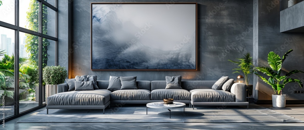 Poster Perspective of modern luxury living room with gray sofa and white empty picture frame. An architecture idea for large windows. - 3D rendering.
