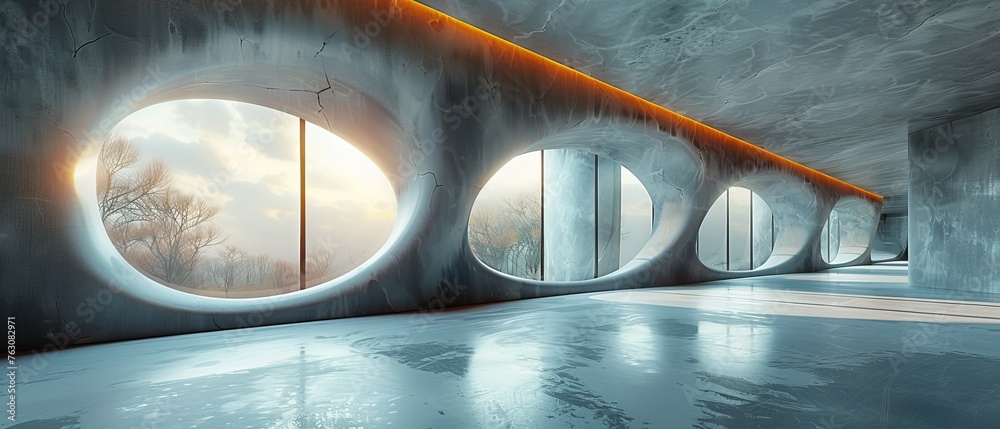 Leinwandbilder the abstract futuristic architecture is rendered in 3d with a concrete floor in the middle....