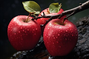 a group of red apples with water droplets on them