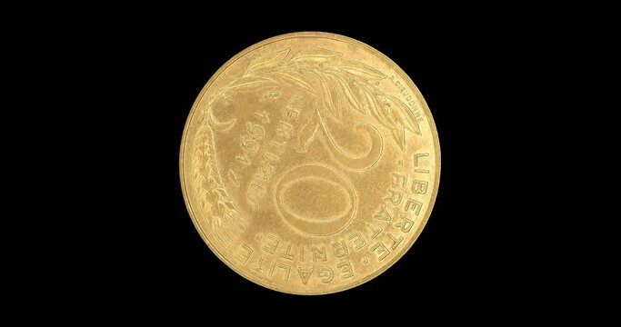 Reverse of France coin 20 centimes 1991, isolated in black background. Loopable animation in 4k resolution video.