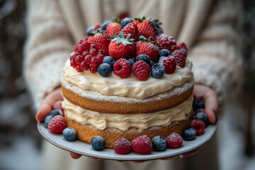 Pastry cake, delicious dessert with wild fruits of strawberries, blackberries and raspberries for...