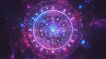 Mystical Zodiac and Planetary Glyphs Circle Illustration