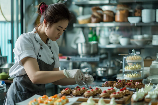 Pastry cook, young Korean woman making biscuits and other desserts in an industrial kitchen with copy space