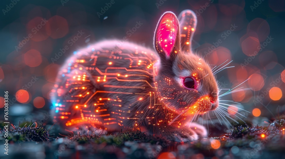 Aufkleber Neon bunny with glowing futuristic design. Technological greeting card with holiday. 3D model of hare ears patterned with a computer board.