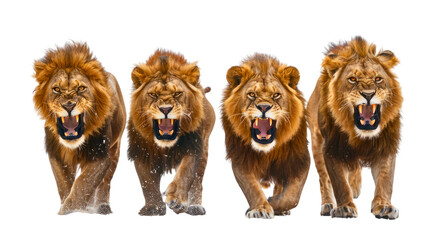 A close-up shot captures a lion family, known as a pride, against a white backdrop. - obrazy, fototapety, plakaty