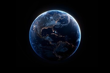 Realistic photo of an Earth from space, beautiful glow, blue planet, black background