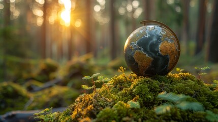 A globe resting on moss in a forest - Europe and Africa - concept of the environment
