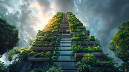 An ecological skyscraper with hydroponic plants on its facade. An ecological living concept for...