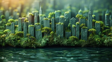 In a city concept concept of eco-buildings or green offices, trees and gardens are planted. - obrazy, fototapety, plakaty