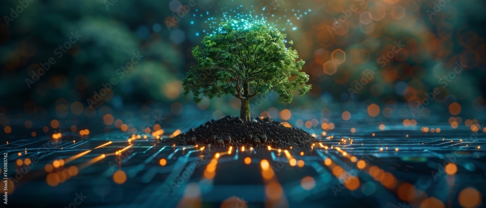 Aufkleber In the background are blue light and wireframe network background. Concept of green computing, green technology, green IT, and IT ethics.