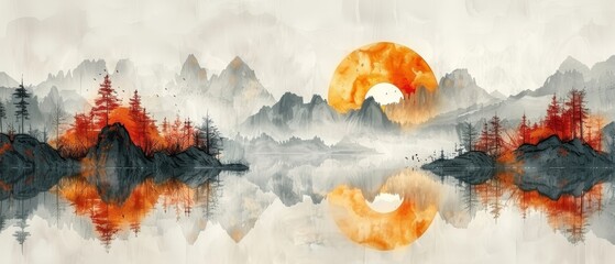 Mood landscape painting. Ink landscape painting. Abstract art background. Prints, wallpapers, posters, murals, carpets. Chinese style.