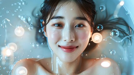 young asian woman relaxing in the bathtub with a sweet smile (head spas and skin care)'.
