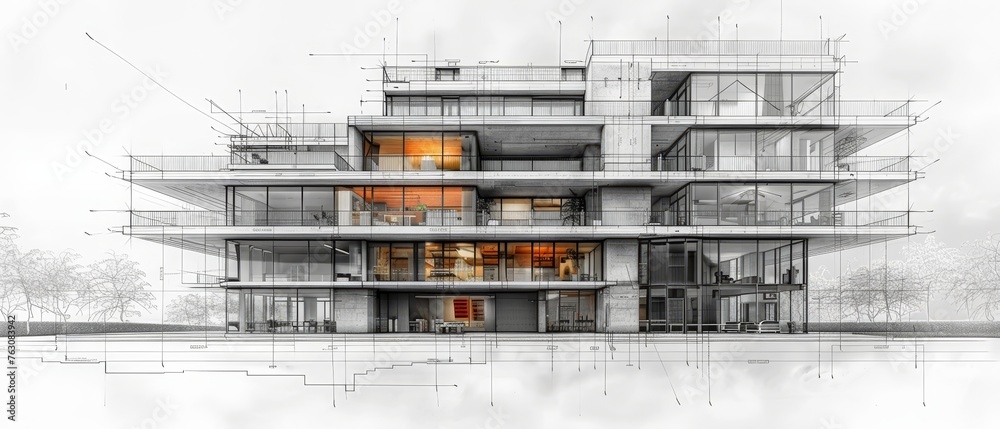 Aufkleber The concept of the building. The development of the autonomous system of the smart building. The drafting of communications that will link the house. Development of the apartment house project.