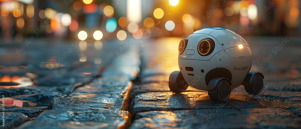 Aufkleber a robot on wheels delivers purchases to the buyer's home. drones rove along an automated route on a 