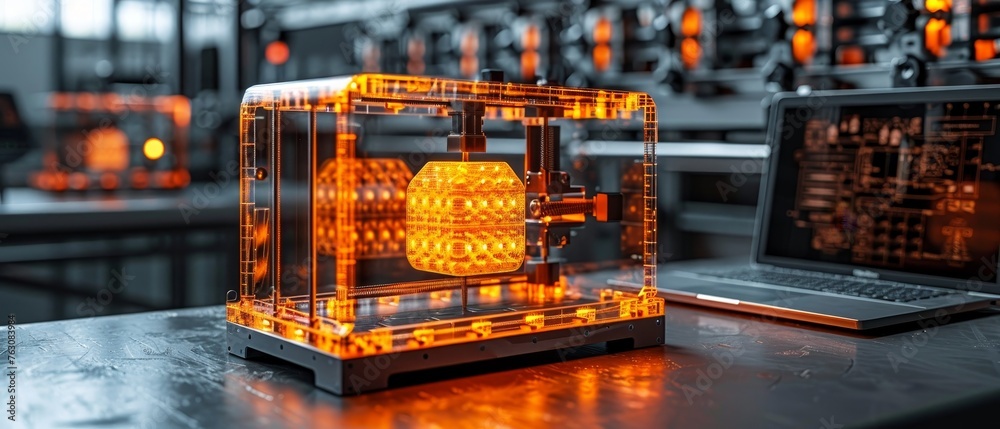 Leinwandbilder In the workshop of an additive 3D maker, you'll find a SLA printer, a laptop, and a computer model that was designed on a laptop. This is an isometric concept for 3D printing. The laptop and 3D