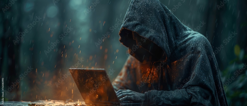 Poster A hacked laptop. Hacker hacking into a computer, stealing passwords and attacking the internet security system. Phishing scam. Cyber criminals gain access to personal information and banking systems.