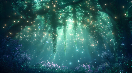 Aurora-inspired green and violet-themed background embodies the enchantment of Midsummer Nights Dream, with ethereal fairy lights, mystical woodland creatures, and cascading moonbeams