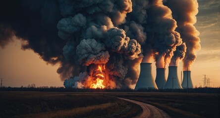 Radioactive flame and smoke cloud after a nuclear plant explosion