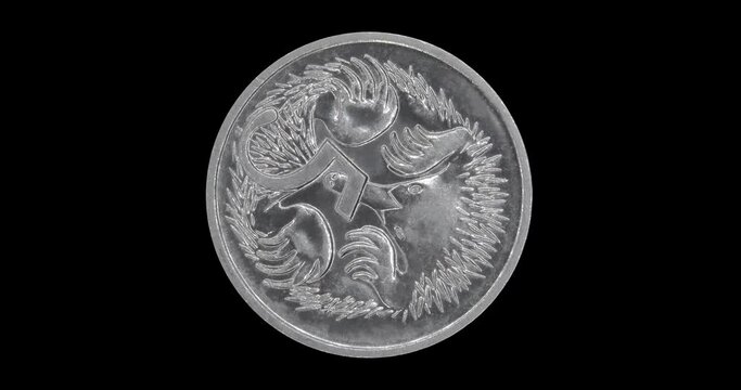 Reverse of Australia coin 5 cents with image of echidna, isolated in black background. Seamless animation in 4k resolution video.