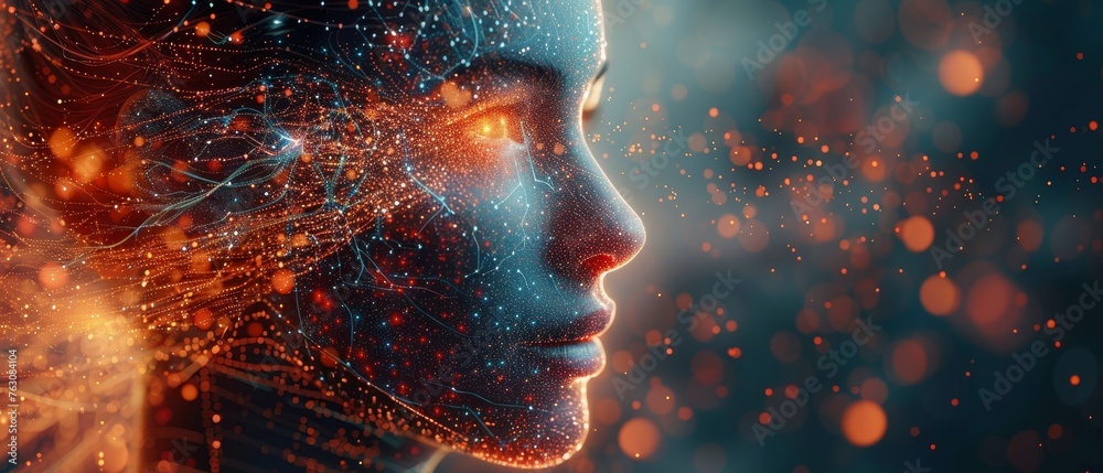 Fototapete In this image we see an image of humanoid face head of AI in profile view. AI solves a problem. Bald head of artificial intelligence looks thoughtfully at electrodes that are attached to its head.