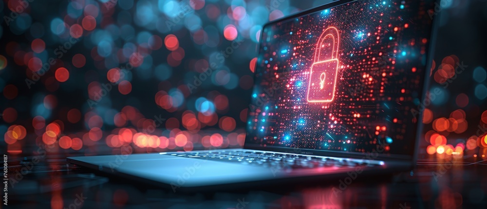 Poster An illustration of a lock on a laptop screen containing points, lines, and shapes on a dark background. A polygonal notebook and lock. Low poly wireframe  illustration. Digital security concept.