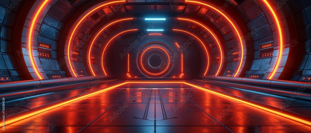 Poster the future of technology is now. sci-fi futuristic podium. futuristic stage neon. 3d rendering.
