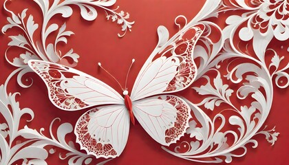 Artistic Butterfly with Floral and Leaf Motifs on Vibrant Red and White Wings, Generative AI