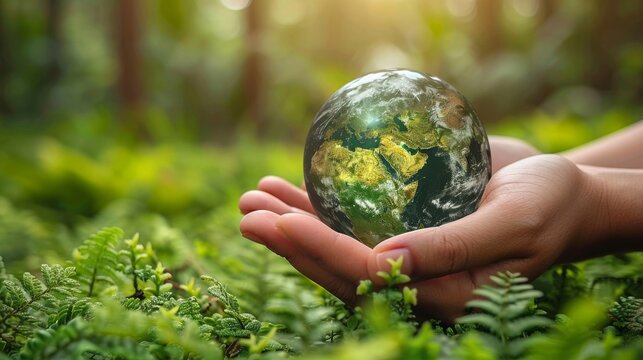 In this image, NASA provided the hands holding the globe glass in a green forest - environment concept - U.S.