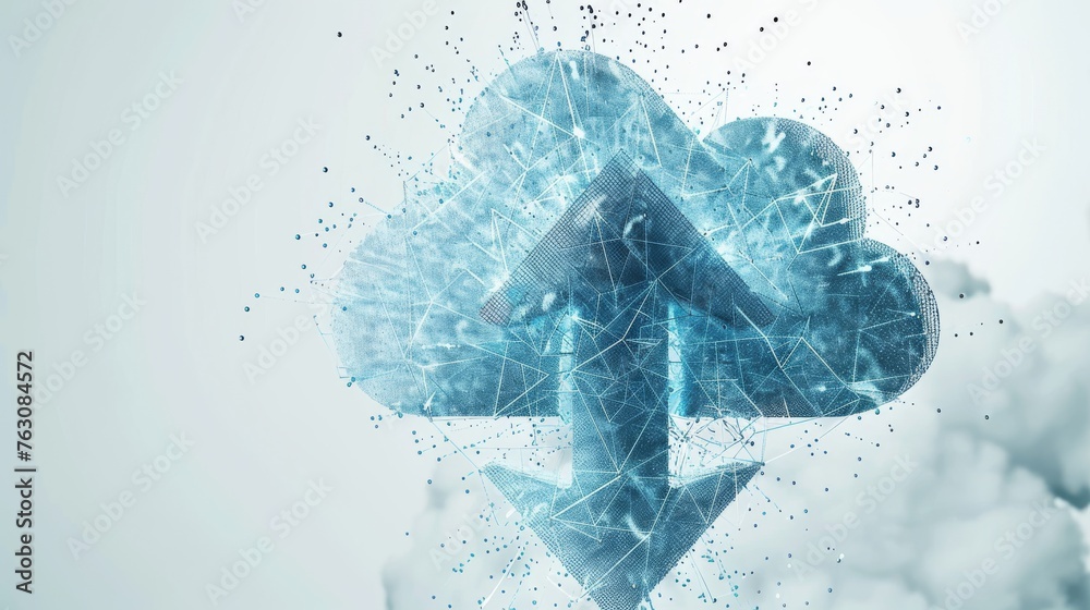 Poster ESC technology. Abstract polygonal wireframe cloud storage sign with two arrows up and down isolated on white with dots. ESC technology. Cloud computing, big data concept illustration or background.