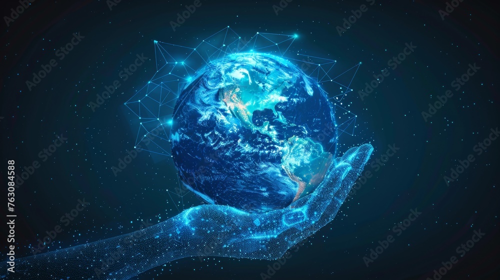 Aufkleber hand holding planet earth. low poly design. global network concept. modern graphic geometric blue ba