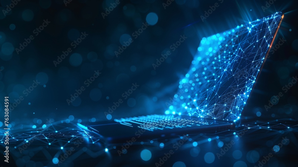Poster  illustration of a lock on a laptop screen. Low poly  illustration. Electronic data security concept. Starry sky with points, lines and shapes on dark background. Polygonal notebook with