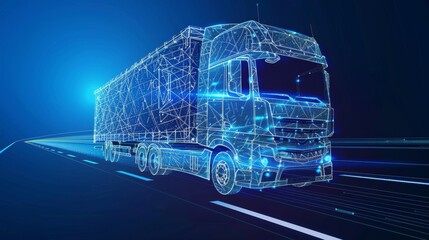 3D  heavy lorry van isolated on a blue background. Transportation vehicle, delivery transport, digital cargo logistic concept. Freight shipping industry, worldwide. - obrazy, fototapety, plakaty