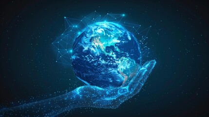 Fototapeta na wymiar Hand holding planet Earth. Low poly design. Global network concept. Modern graphic geometric blue background. Wireframe light connection structure. Isolated image.