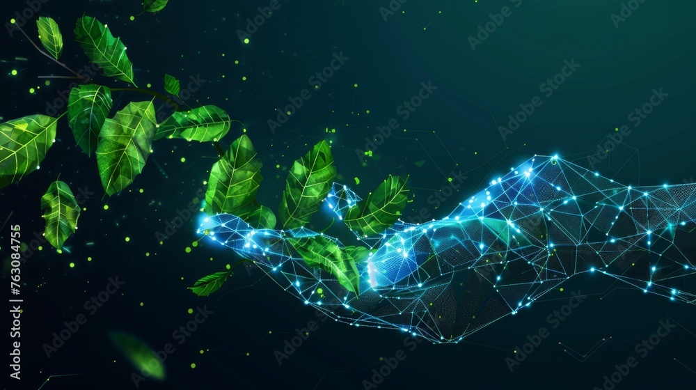 Leinwandbilder an abstract hand with falling green leaves. low poly style design. blue geometric background. wirefr