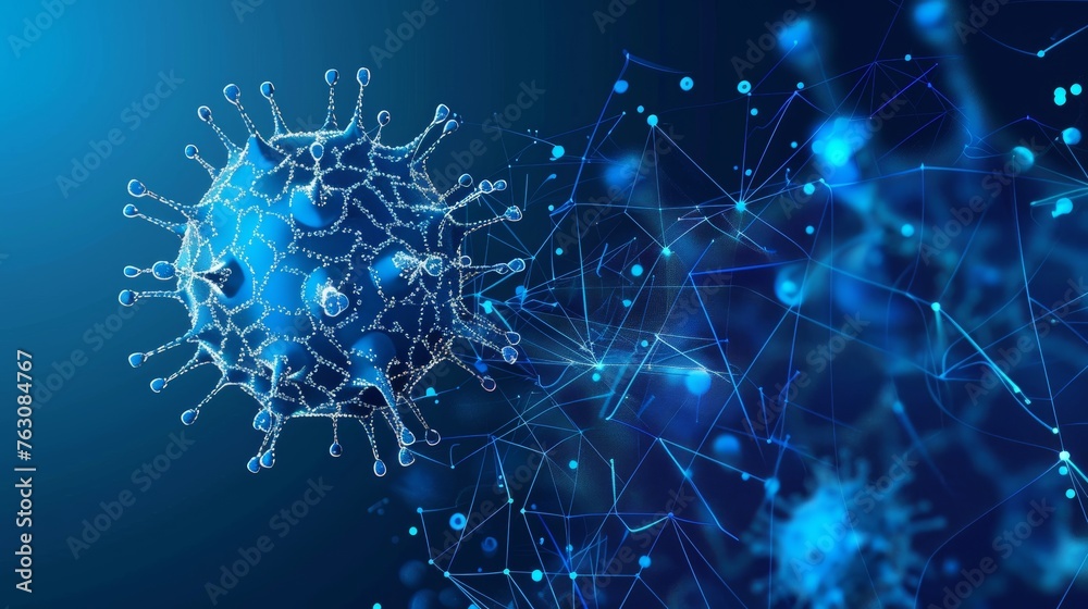 Poster a virus on a blue background with an abstract 3d corona microbe. computer virus, allergy bacteria, m